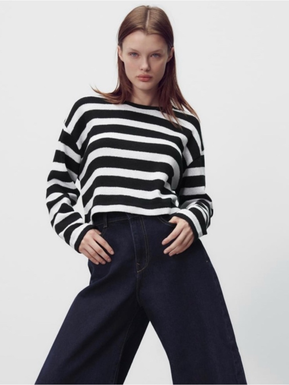 Zara black and white cropped horizontal striped knit sweater Size S